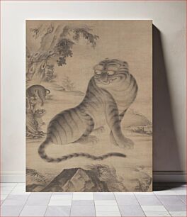 Πίνακας, Very large scroll with female tiger seated at center looking over PR shoulder toward two curious cubs at L edge; large tree with holes in trunk ULQ; tigers appear to be standing on cliff; rocks and bamboo at bot