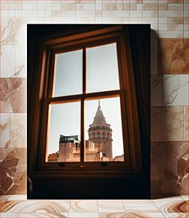 Πίνακας, View of a Historic Tower Through a Window Άποψη ενός ιστορικού πύργου μέσα από ένα παράθυρο