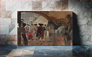 Πίνακας, view under an archway into an open-air arena; group of matadors wearing colorful outfits and black hats; three horses at right, with one man at far right in saddle; at center left, man in red adjusts shoe of mat