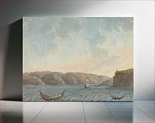 Πίνακας, Views in the Levant: Two Rowing Boats and a Sailboat by a Steep Cliff, Hilly Landscape Seen From the Sea