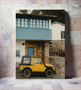 Πίνακας, Vintage Blue House and Yellow Car Vintage μπλε σπίτι και κίτρινο αυτοκίνητο