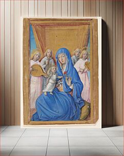 Πίνακας, Virgin and child with child standing on her lap; she wears blue cloak with hood and hold red carnation; four haloed musicians in background