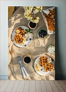 Πίνακας, Waffles and Coffee on a Linen Table Βάφλες και καφές σε λινό τραπέζι