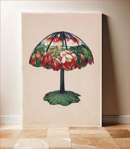 Πίνακας, watercolor sketch for a table lamp with leafy base and floral shade, which appears open at top with individual floral light sockets