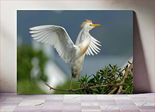 Πίνακας, White Bird Perched on Branch Λευκό πουλί σκαρφαλωμένο στο κλαδί