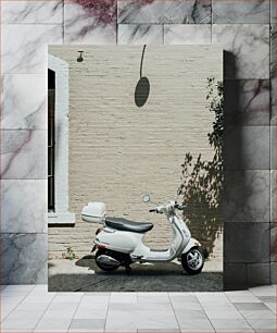 Πίνακας, White Scooter by Brick Wall Λευκό σκούτερ από τούβλο τοίχο