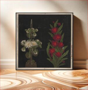 Πίνακας, [White water lilies in a two-tiered fountain and red flowers with pointed leaves on black background]