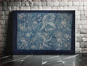 Πίνακας, wide dark blue band surrounding lighter blue batik center in two panels; large floral, bird and insect patterns