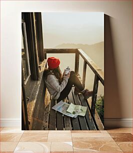 Πίνακας, Woman Enjoying a Coffee on a Balcony Γυναίκα που απολαμβάνει έναν καφέ σε ένα μπαλκόνι