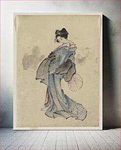 Πίνακας, [Woman, full-length portrait, standing, facing left, holding fan in right hand, wearing kimono with check design]