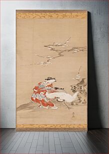 Πίνακας, Woman in richly decorated red kimono loosely embracing a large white crane with her PL arm; vertical rock with blossoms at R; horizontal blossoming branch extending just above her head