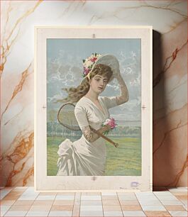 Πίνακας, Woman in white dress holding flowers and tennis racket (1887)