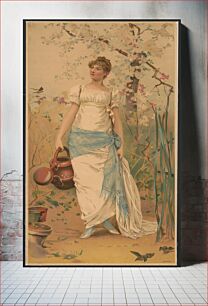 Πίνακας, [Woman in white dress with blue sash standing holding a watering can]