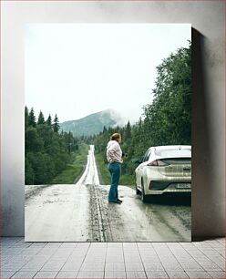 Πίνακας, Woman on a Forest Road with Car Γυναίκα σε δασικό δρόμο με αυτοκίνητο