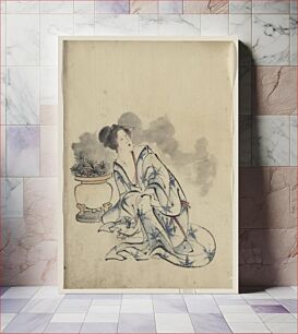 Πίνακας, [Woman, possibly a courtesan, sitting next to a flowerpot, facing left with head turned to the right, wearing kimono with starburst design that mimics the plants in the pot]