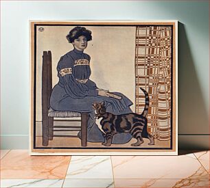 Πίνακας, Woman sitting on a chair holding a book with a cat looking on. by Edward Penfield