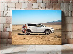 Πίνακας, Woman Standing by Car in Desert Γυναίκα που στέκεται δίπλα στο αυτοκίνητο στην έρημο
