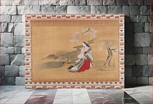 Πίνακας, Woman standing under a blossoming tree, in front of a winding stream with small cascade; she is wrapped in a large, white kimono with green and red overcoat slipping off shoulder