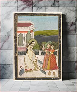 Πίνακας, Woman stands on footstool at left surrounded by sarus cranes. Two female attendants hold a portrait or a mirror and a tray of flasks beside her