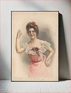 Πίνακας, [Woman with pink rose in hair wearing pink dress with red roses on the front]