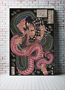 Πίνακας, Woodblock print, oban tate-e. Saginoike Heikuro fights the giant snake at the lake of Sayama by Utagawa Kuniyoshi