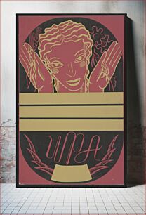 Πίνακας, [WPA poster design on red background showing the head and hands of a woman holding flowers and wheat above a blank banner] (1936)