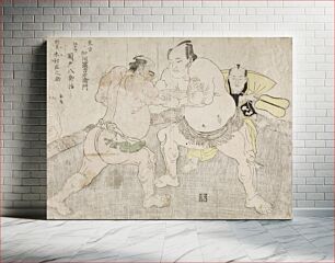 Πίνακας, Wrestlers Kajigahama Rikiemon of the Eastern Group and Sekinoto Hachirōji of the Edo tea, with the Umpire Kimura Shōnosuke by Katsukawa Shunshō