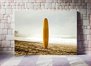 Πίνακας, Yellow Surfboard on a Beach Κίτρινη σανίδα του σερφ σε μια παραλία