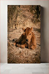 Πίνακας, Young Calf Resting in Dry Grass Νεαρό μοσχάρι που ξεκουράζεται σε ξερό γρασίδι