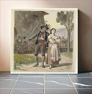 Πίνακας, Young couple disagreeing in the background dancing in front of a house by Wilhelm Marstrand