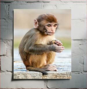 Πίνακας, Young Monkey Sitting on Rock Νεαρός πίθηκος που κάθεται στο βράχο