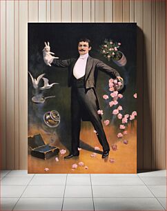 Πίνακας, Zan Zig performing with rabbit and roses, including hat trick and levitation (1899), vintage magician illustration by Strobridge & Co. Lith