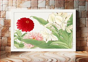 Πίνακας, Zinnia & white ginger lily flower woodblock painting