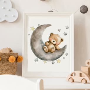 Πόστερ Κοιμισμένο Αρκουδάκι Καθισμένο σε Φεγγάρι